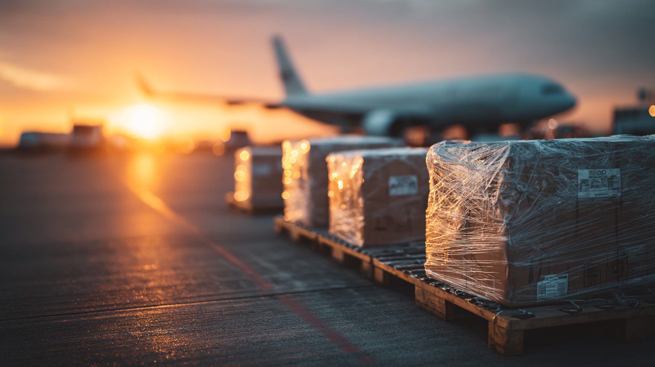 Pallets con cajas embaladas en pista de aeropuerto al amanecer